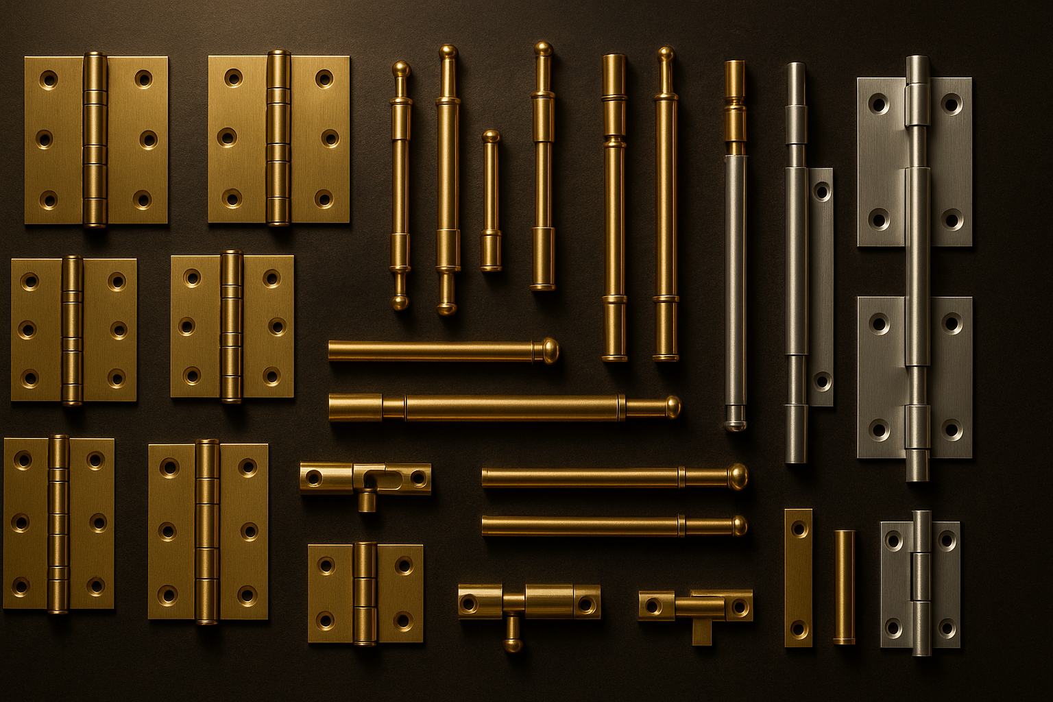 Brass and aluminium hinges and tower bolts banner